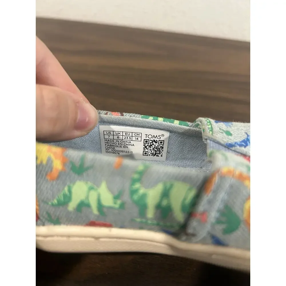 TOMS Alpargata Blue Denim Dino Slip‎ On Toddler Size 7 Shoes Dinosaur Sneakers
